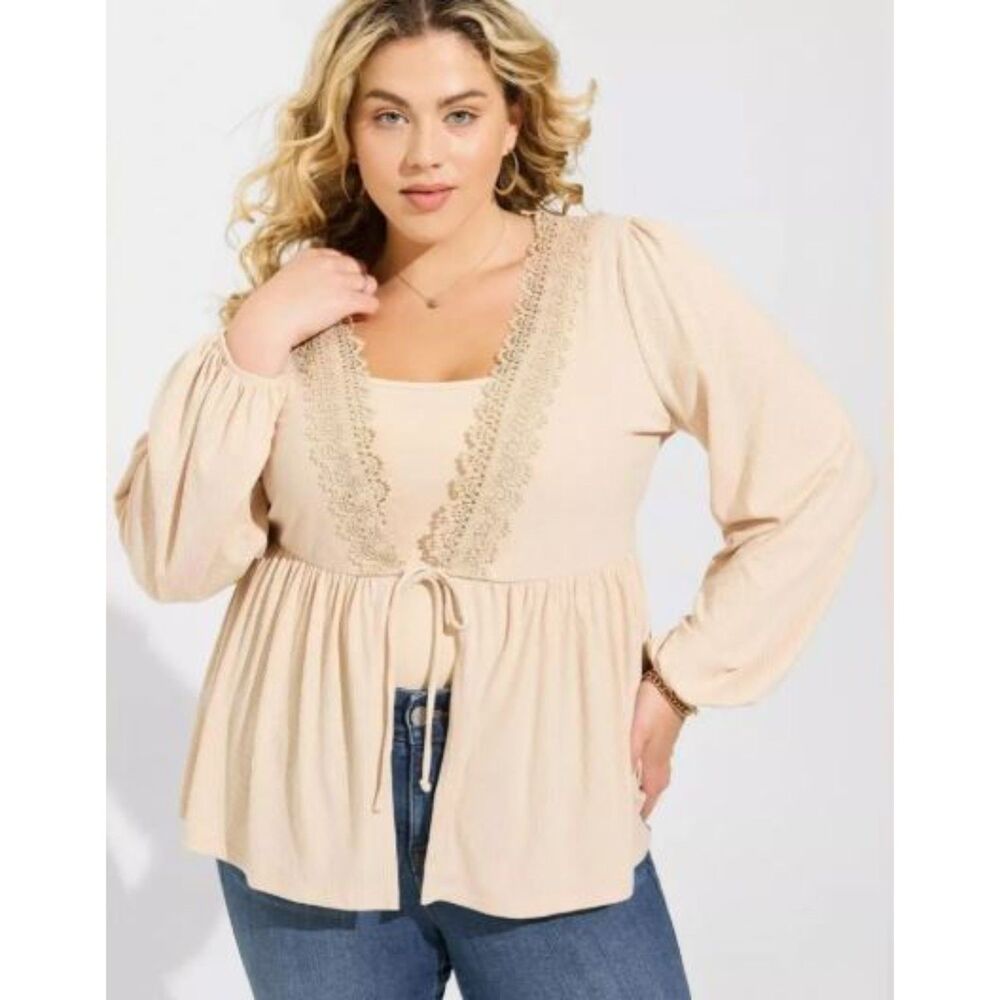 Torrid Smoke Super Soft Rib V-Neck Lace Trim Tie Front Long Sleeve Top Size 3X